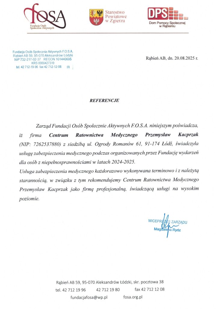 List referencyjny od Fundacji Osób Niepełnosprawnych F.O.S.A. dla Centrum Ratownictwa Medycznego Przemysław Kacprzak, podpisany przez wiceprezes Magdę Rydz.